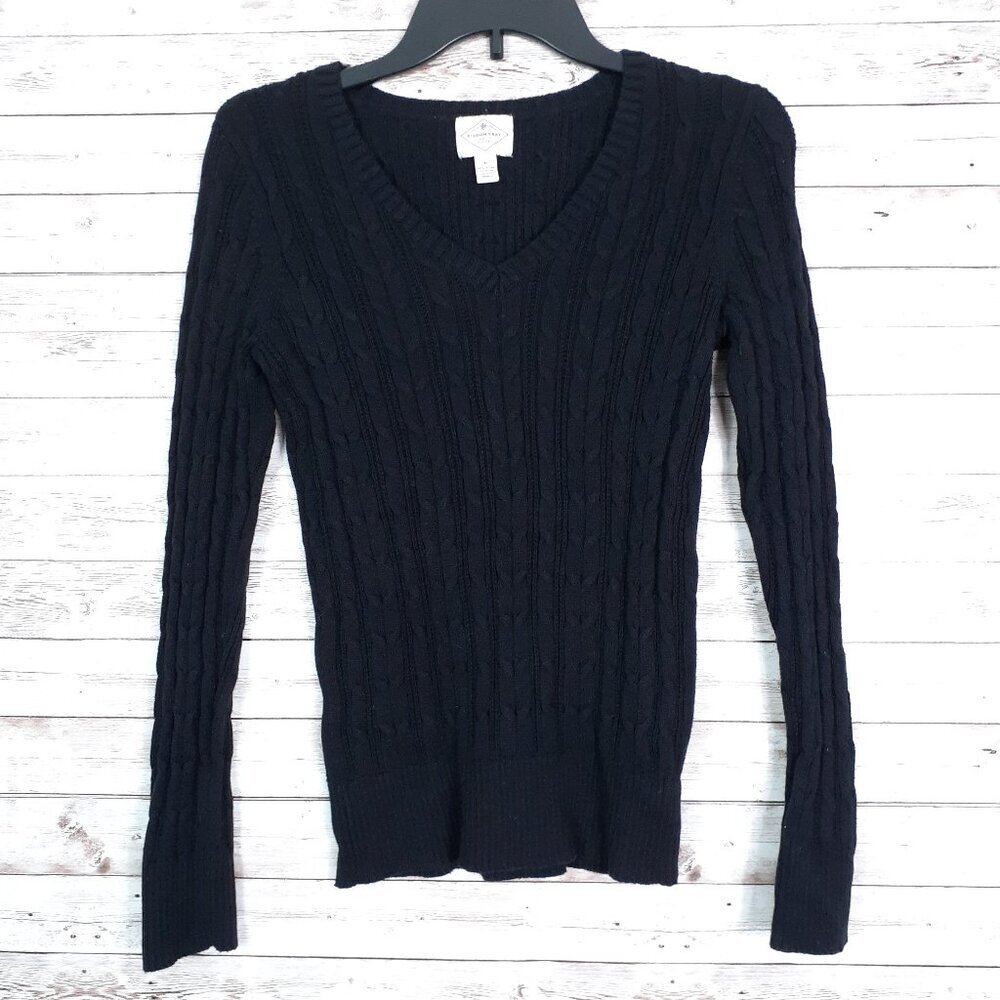 St Johns Bay Womens Cable Knit Sweater S Fitted Black Long Sleeve 269A